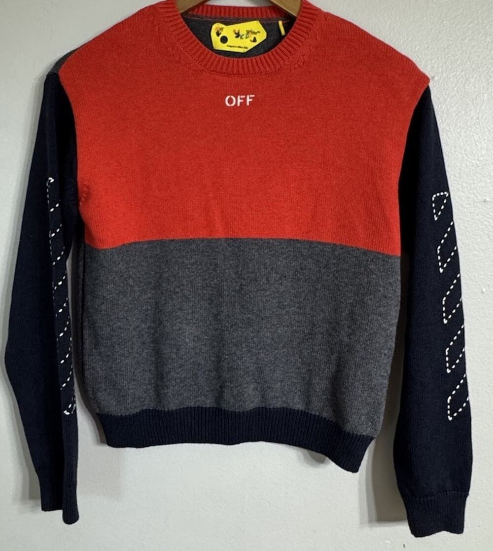 Off-White Sweater Boys Size 10 Colorblock Knit Pullover Arrow Stitched Crewneck